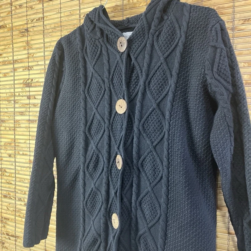 Chico's Cardigan Women 2 M Black Hooded Cable Knit Diamond Button Front Longline